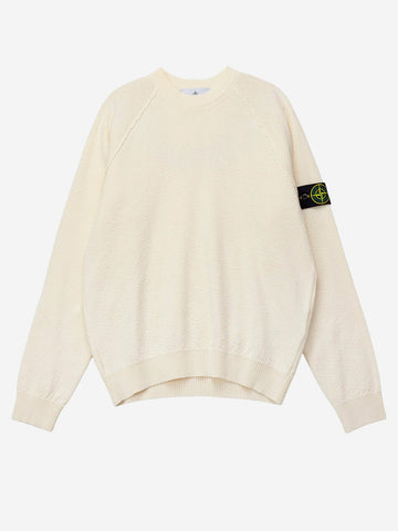 STONE ISLAND Maglione girocollo loose avorio in cotone con maniche raglan e badge Panna