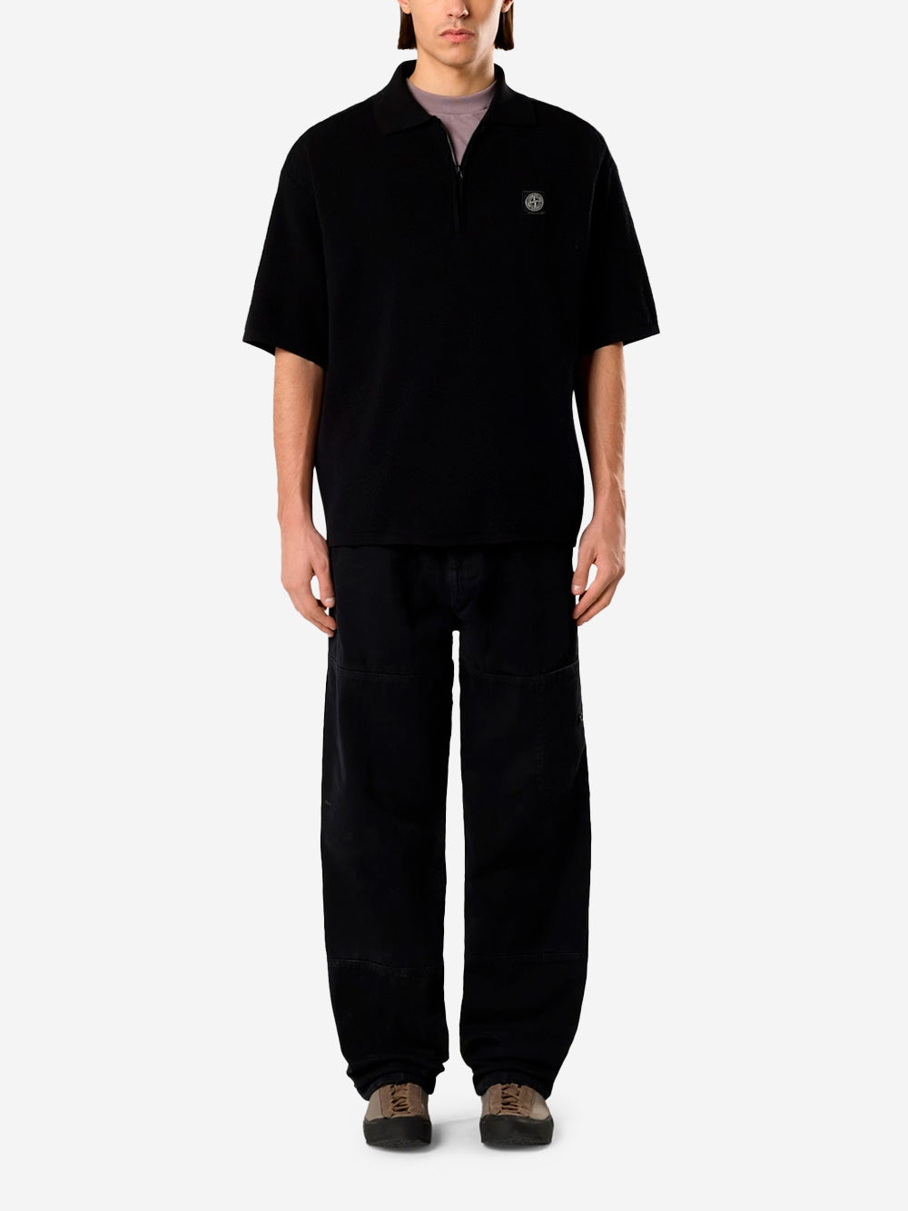 STONE ISLAND Polo oversize a manica corta nera con zip e patch Compass Nero Urbanstaroma