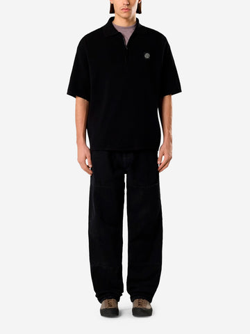 STONE ISLAND Polo oversize a manica corta nera con zip e patch Compass Nero