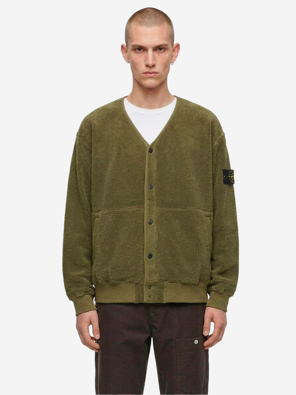 STONE ISLAND Felpa cardigan in terry di cotone e nylon verde militare Verde Urbanstaroma