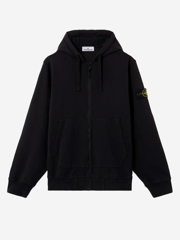 STONE ISLAND Felpa nera con cappuccio in cotone fleece con maniche raglan e badge Nero