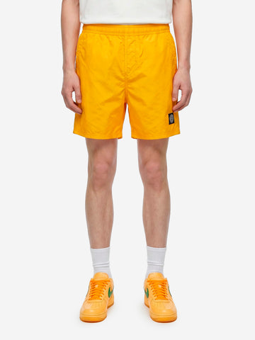STONE ISLAND Shorts da bagno gialli in nylon garzato con tasche e patch arancione