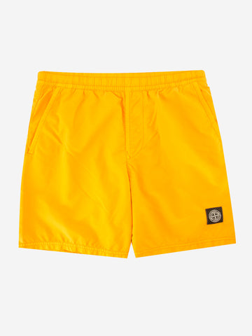 STONE ISLAND Shorts da bagno gialli in nylon garzato con tasche e patch arancione