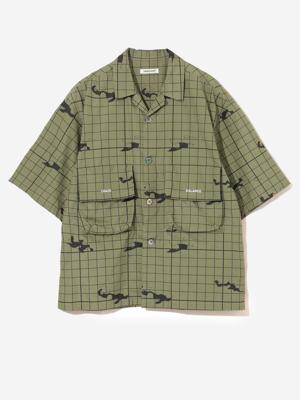 UNDERCOVER Camicia a maniche corte khaki con colletto punta e grafica 'Chaos Balance' Verde scuro Urbanstaroma