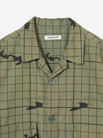 UNDERCOVER Camicia a maniche corte khaki con colletto punta e grafica 'Chaos Balance' Verde scuro