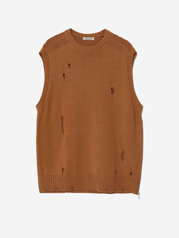 UNDERCOVER Gilet cammello in misto cotone con dettagli distressed e zip laterale Cammello