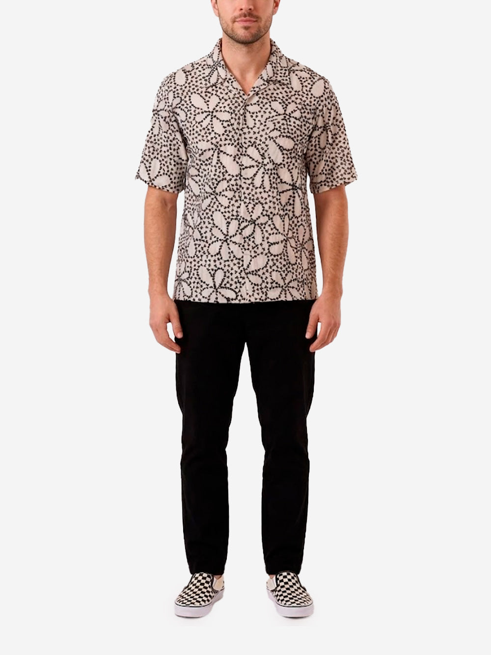 UNIVERSAL WORKS Camicia a maiche corte 'Road' con ricamo indiano Ecru Urbanstaroma