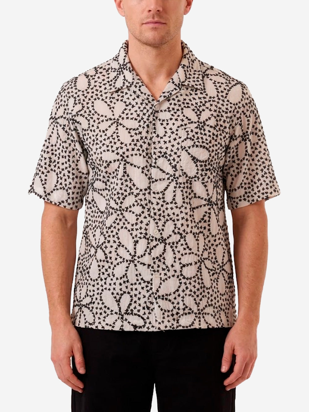 UNIVERSAL WORKS Camicia a maiche corte 'Road' con ricamo indiano Ecru Urbanstaroma