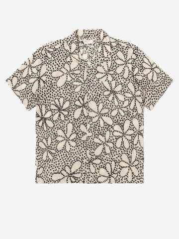 UNIVERSAL WORKS Camicia a maiche corte 'Road' con ricamo indiano Ecru