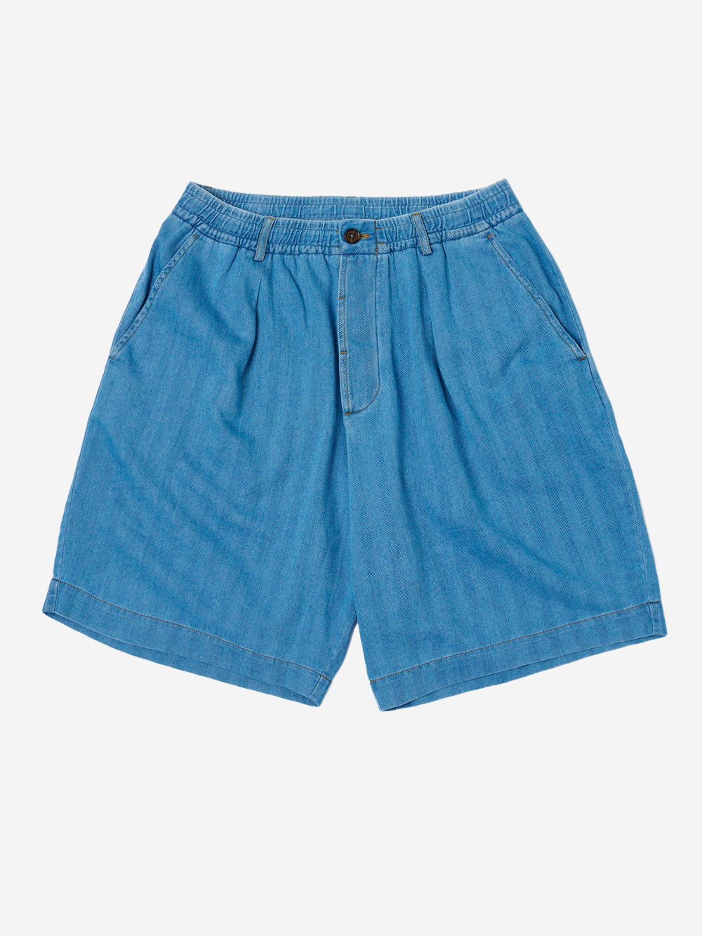 UNIVERSAL WORKS Shorts track pleated in cotone Herringbone indigo Denim Urbanstaroma