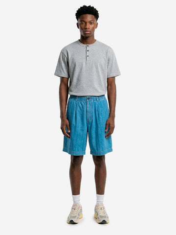 UNIVERSAL WORKS Shorts track pleated in cotone Herringbone indigo Denim