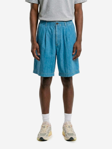 UNIVERSAL WORKS Shorts track pleated in cotone Herringbone indigo Denim