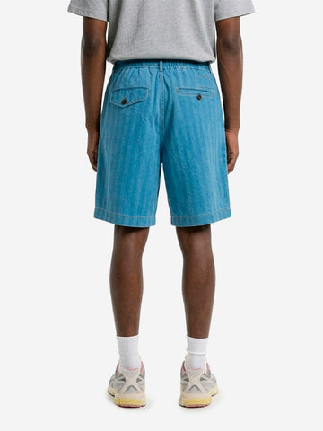 UNIVERSAL WORKS Shorts track pleated in cotone Herringbone indigo Denim
