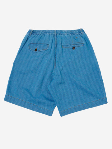 UNIVERSAL WORKS Shorts track pleated in cotone Herringbone indigo Denim