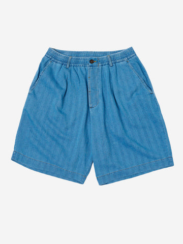 UNIVERSAL WORKS Shorts track pleated in cotone Herringbone indigo Denim